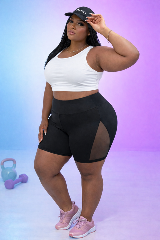 Plus-Size Mesh Splice Shorts – Black