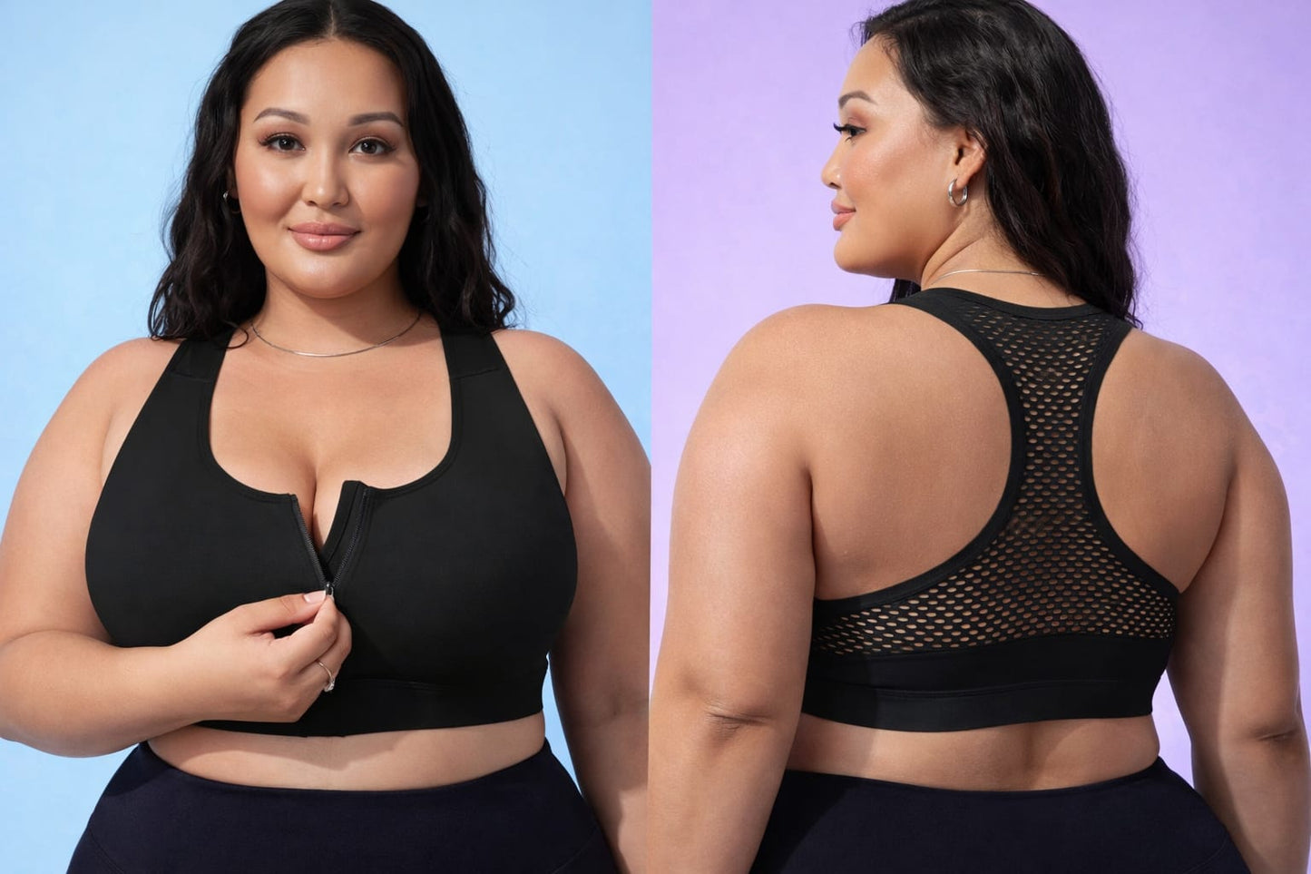 Plus-Size Seamless Front-Zip Sports Bra – Black